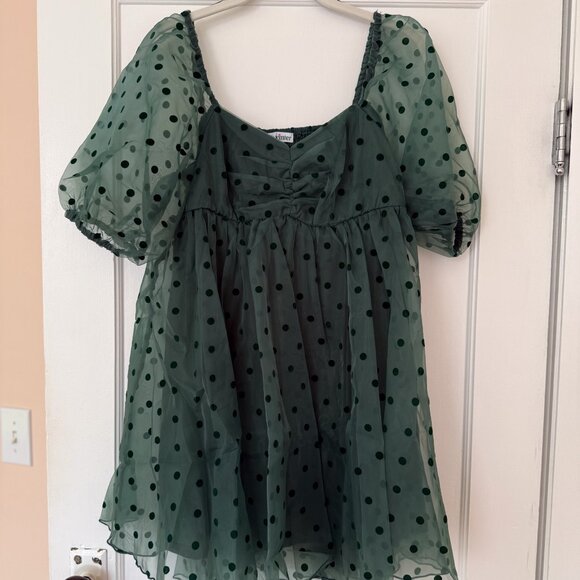 NWOT Vada Winter Everly Babydoll Puff Sleeve Blouse Polka Dot Green Black Size S - Picture 2 of 5